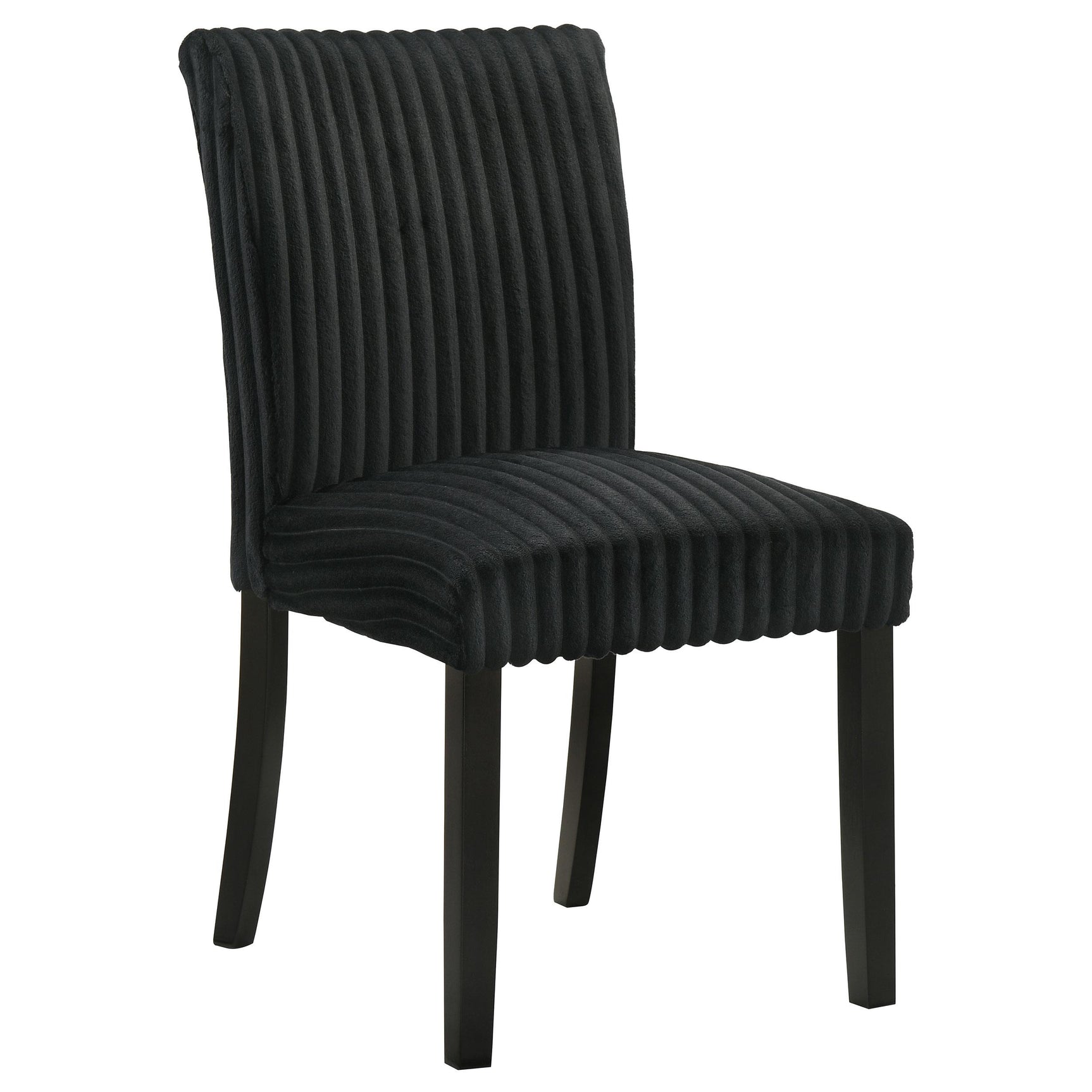 Back view of Dermott black upholstered parson dining chair showing rubberwood legs