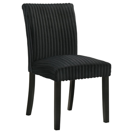 Back view of Dermott black upholstered parson dining chair showing rubberwood legs