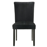 Close-up of ribbed corduroy fabric and black upholstery on Dermott dining chair