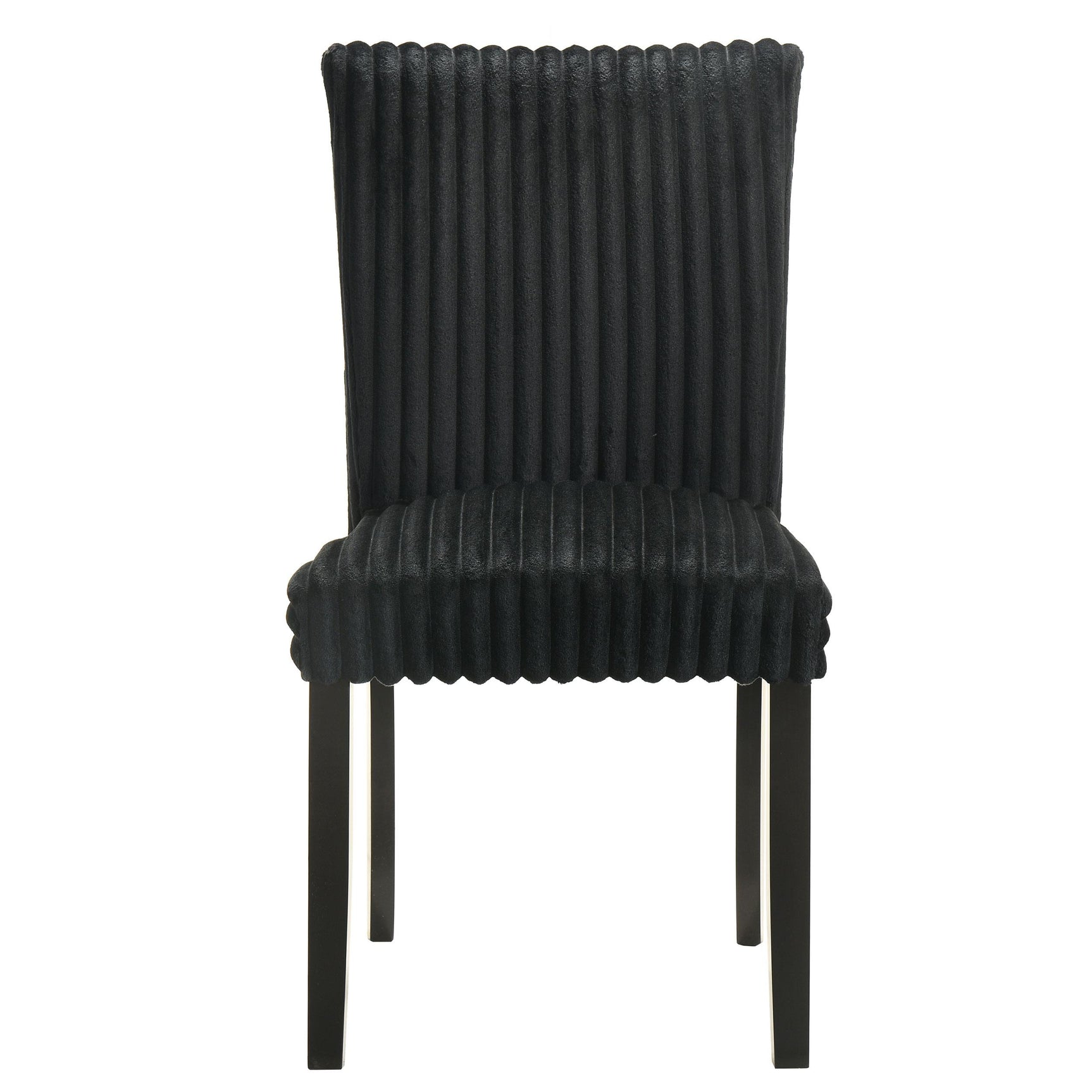 Close-up of ribbed corduroy fabric and black upholstery on Dermott dining chair