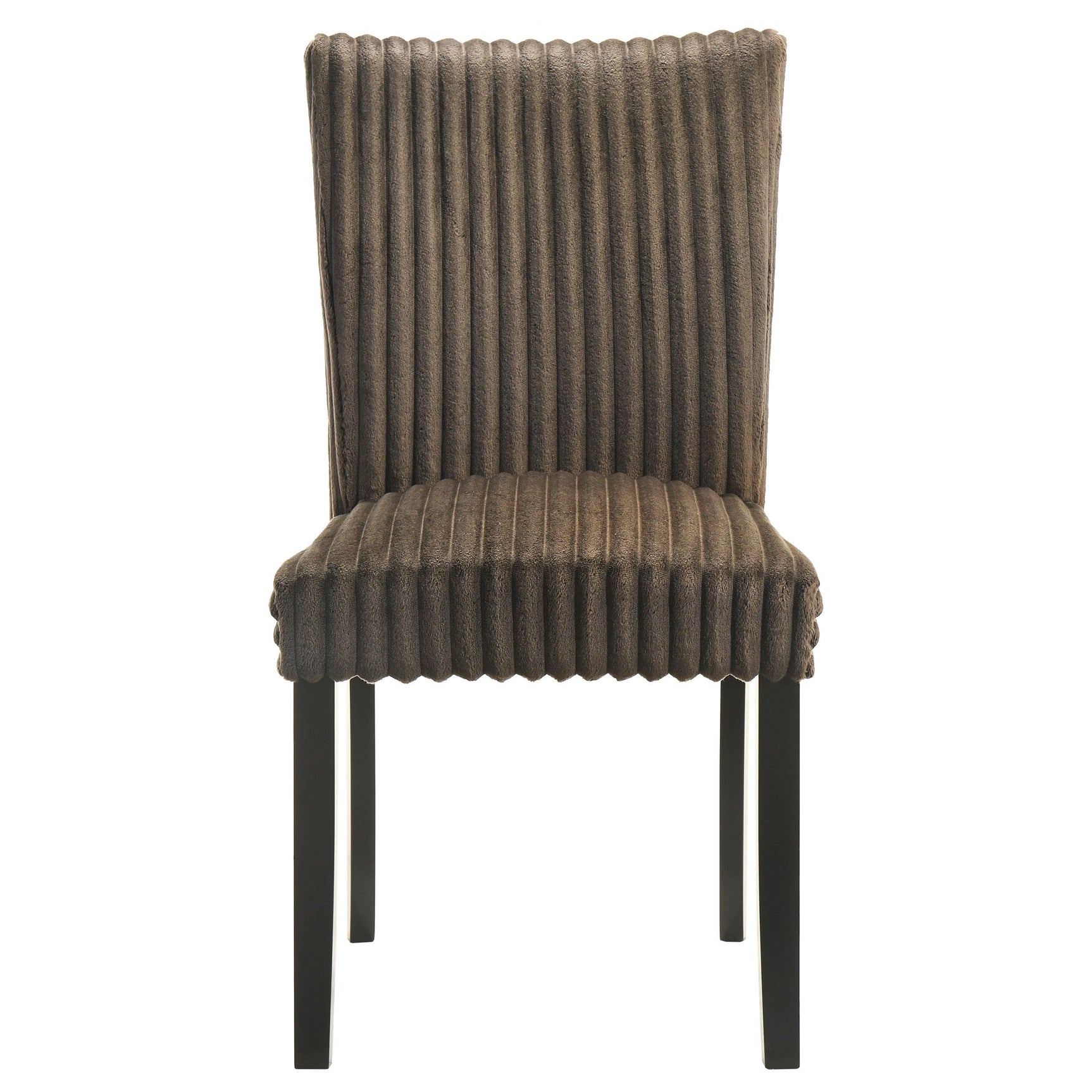 Close-up of chocolate corduroy fabric upholstery on dining chair