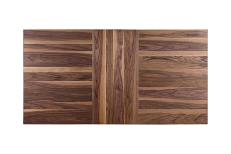 Close-up of Spring Creek dining table wood grain and brass-plated leaf lock