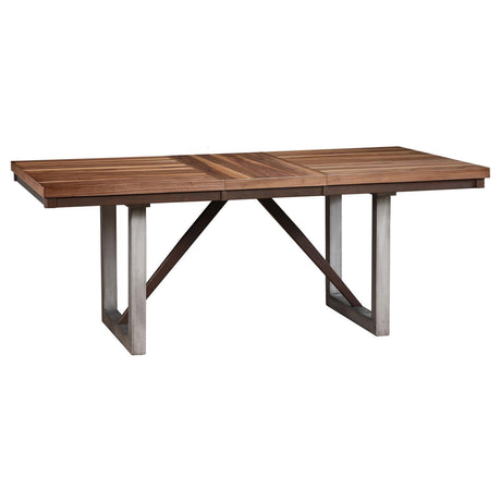 Spring Creek natural walnut dining table with extension leaf, angled view