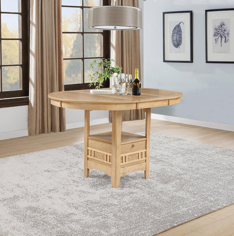 Side view of Lavon oval counter height dining table showing storage