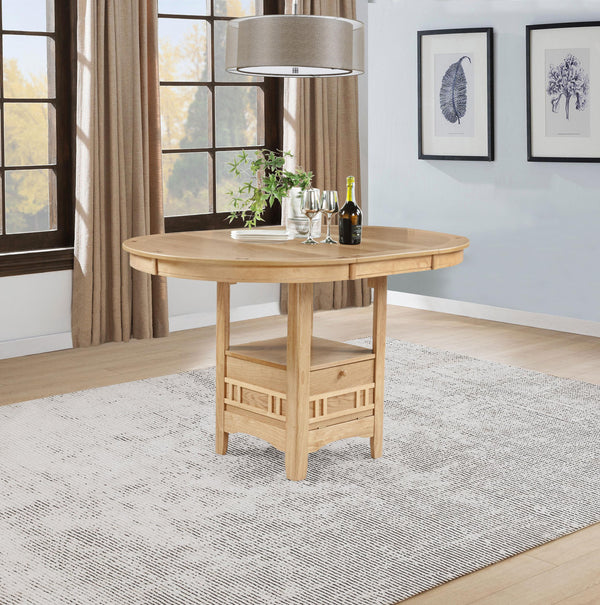 Side view of Lavon oval counter height dining table showing storage