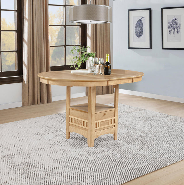 Side view of Lavon oval counter height dining table showing storage