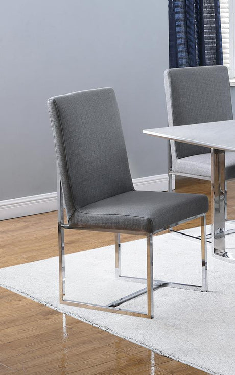 Mackinnon grey upholstered side chair with chrome legs front angle
