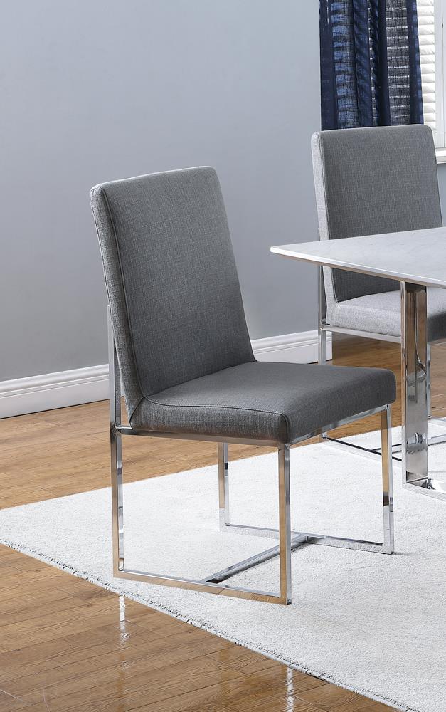 Mackinnon grey upholstered side chair with chrome legs front angle