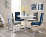 Close-up of chrome metal legs and plastic glides on Mackinnon chair