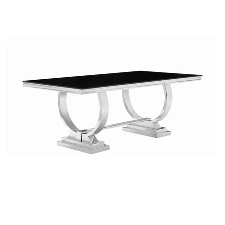 Antoine dining table angled showing circular chrome leg design