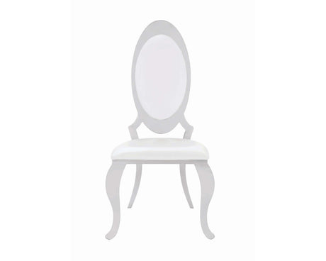 Side view of Antoine Oval Back Side Chair in cream upholstery and chrome frame