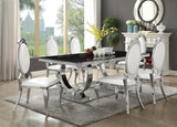 Close-up of cream upholstery and chrome frame on Antoine dining chair