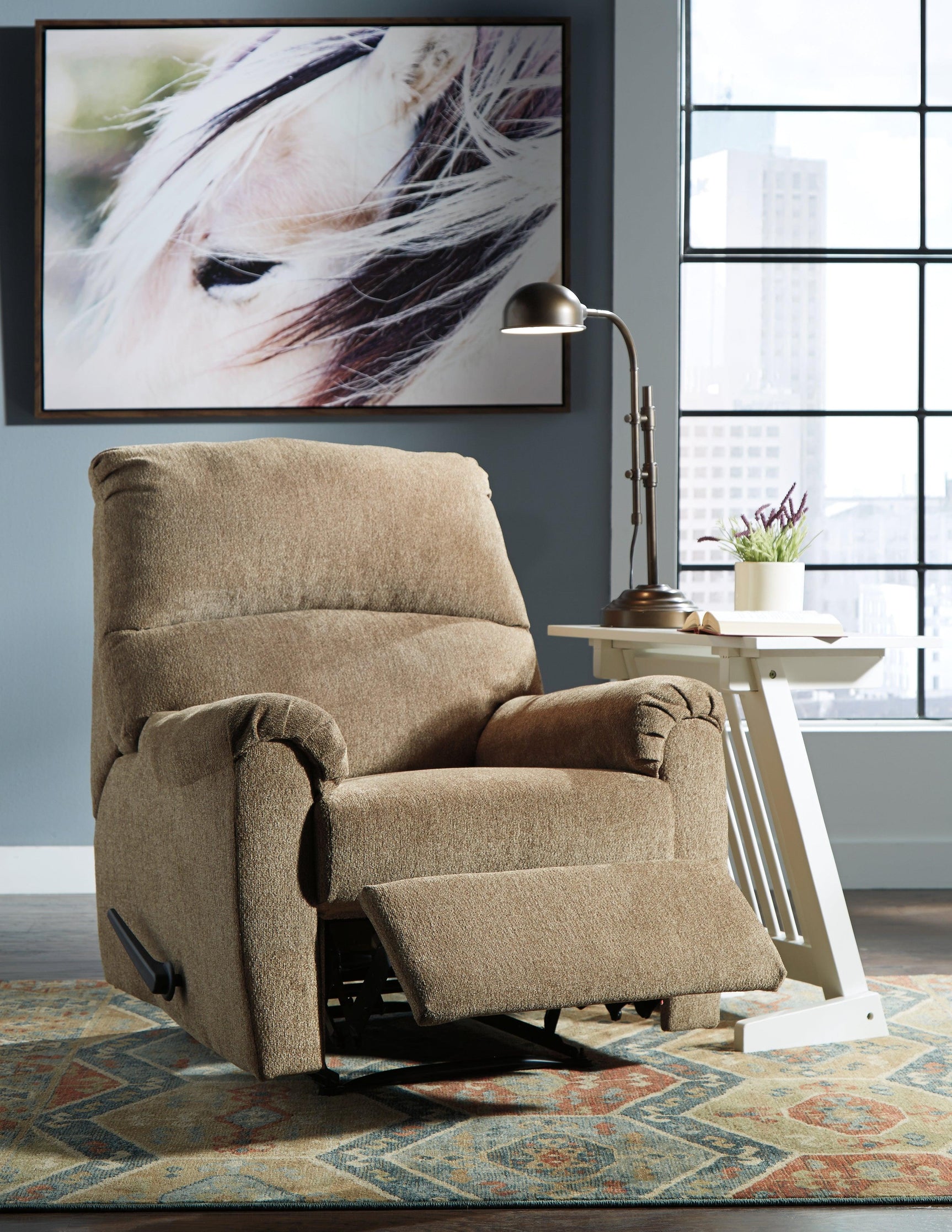 Nerviano Mocha Chenille Recliner fully reclined side view