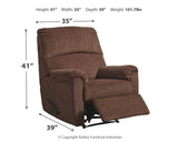 Nerviano Chocolate Chenille Recliner with dimension diagram