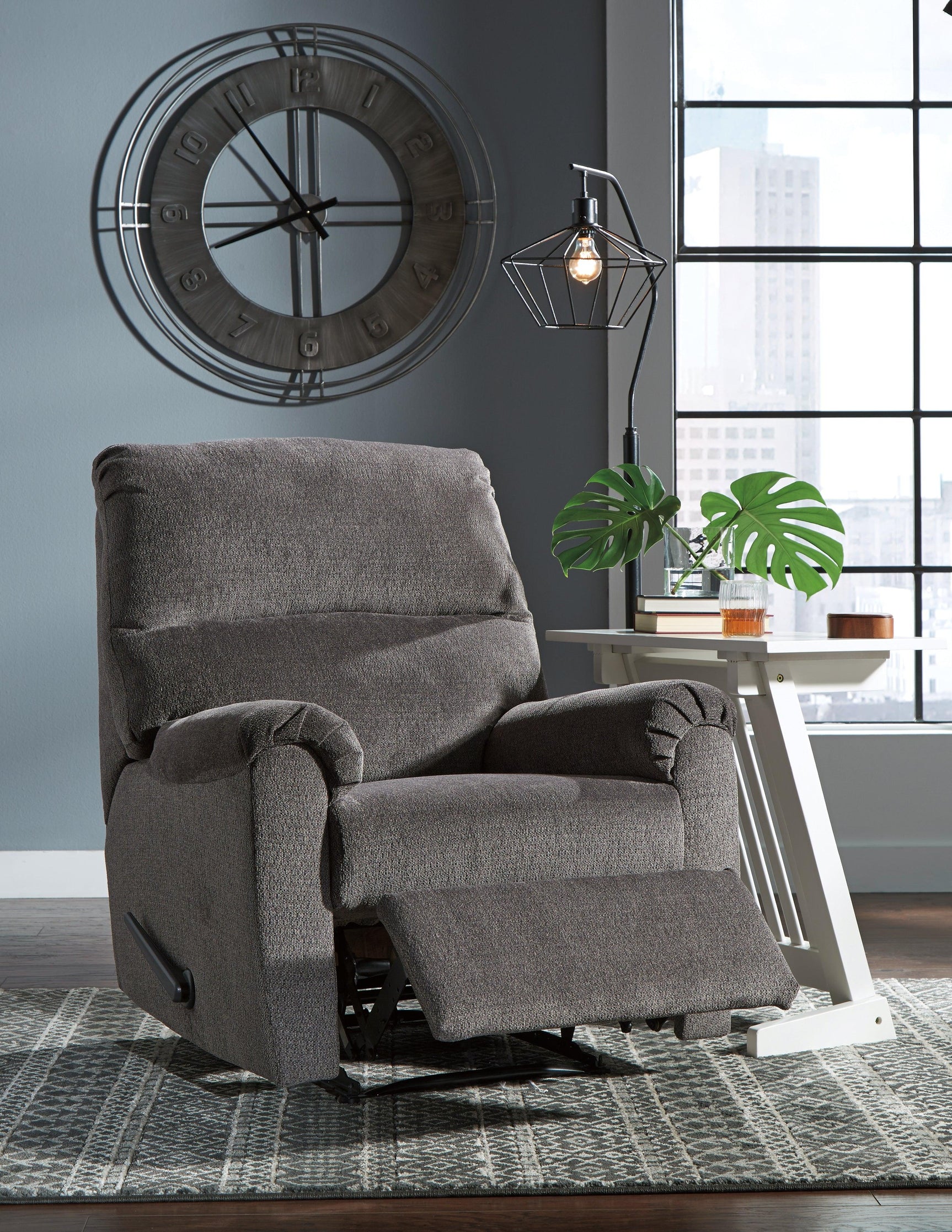 Nerviano Gray Chenille Recliner open reclined position