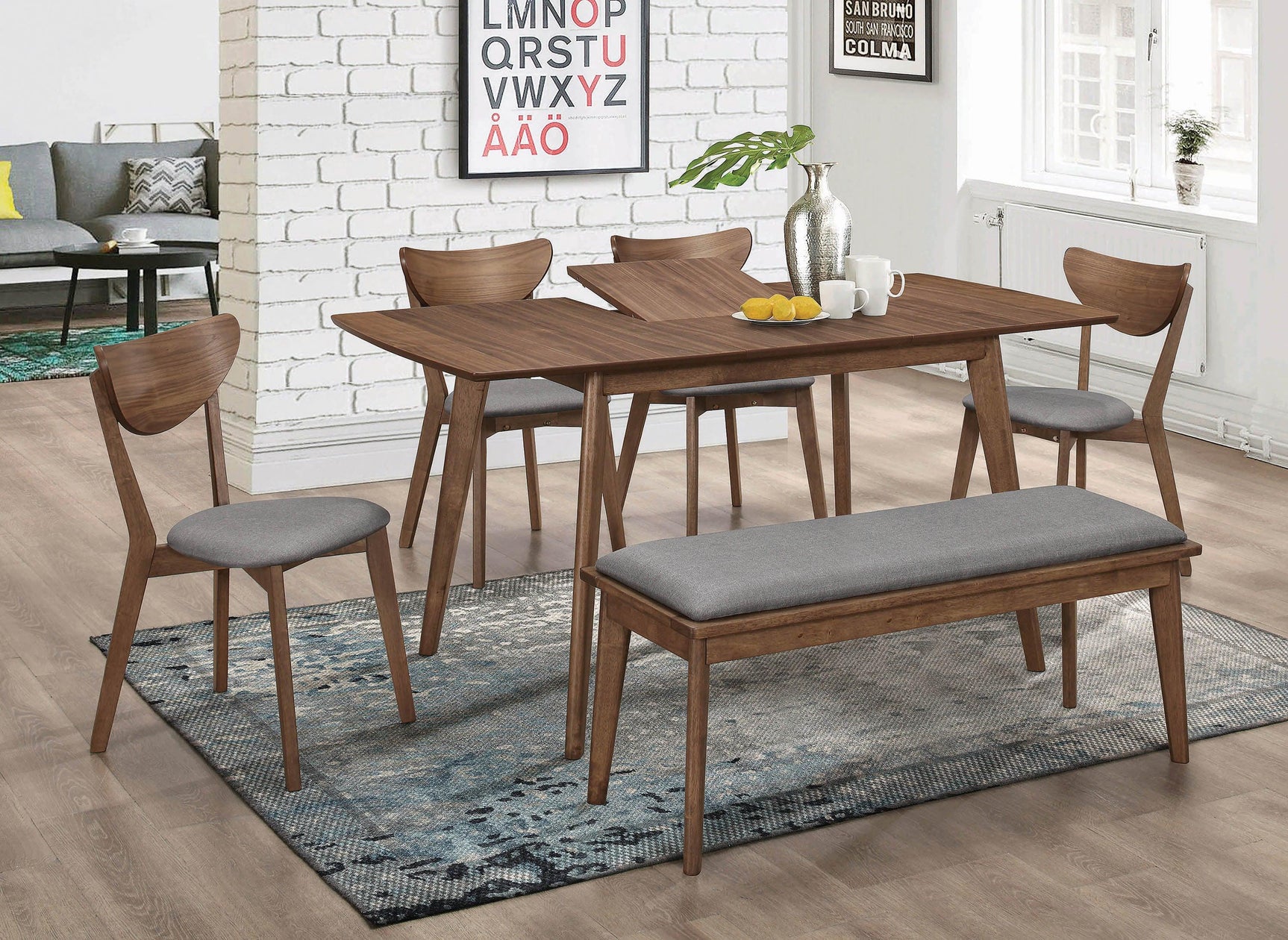 Alfredo Dining Bench corner showing walnut finish and fabric texture