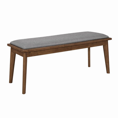 Alfredo Upholstered Dining Bench front view showing grey fabric seat and walnut legs