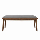Side angle of Alfredo Upholstered Dining Bench highlighting tapered walnut legs