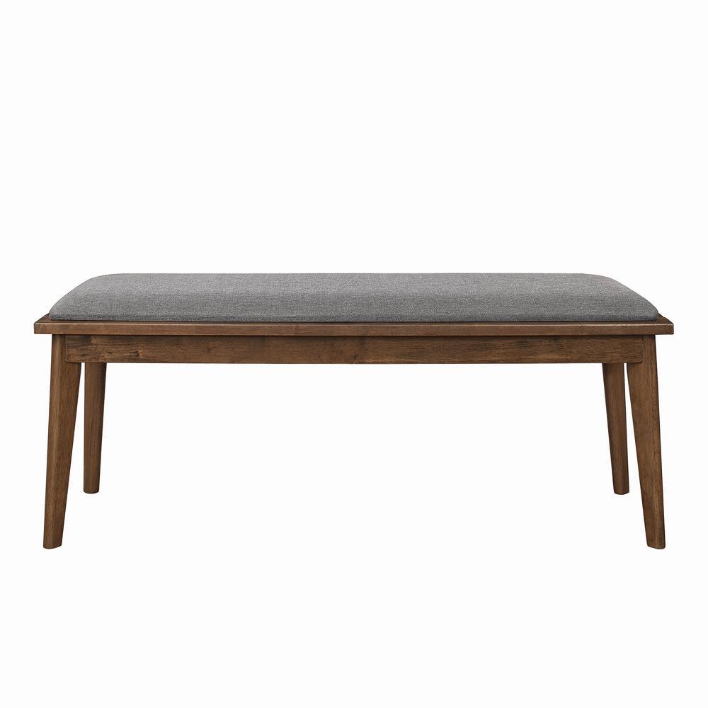 Side angle of Alfredo Upholstered Dining Bench highlighting tapered walnut legs