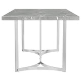 Angle showing steel base with chrome finish on Sterling dining table
