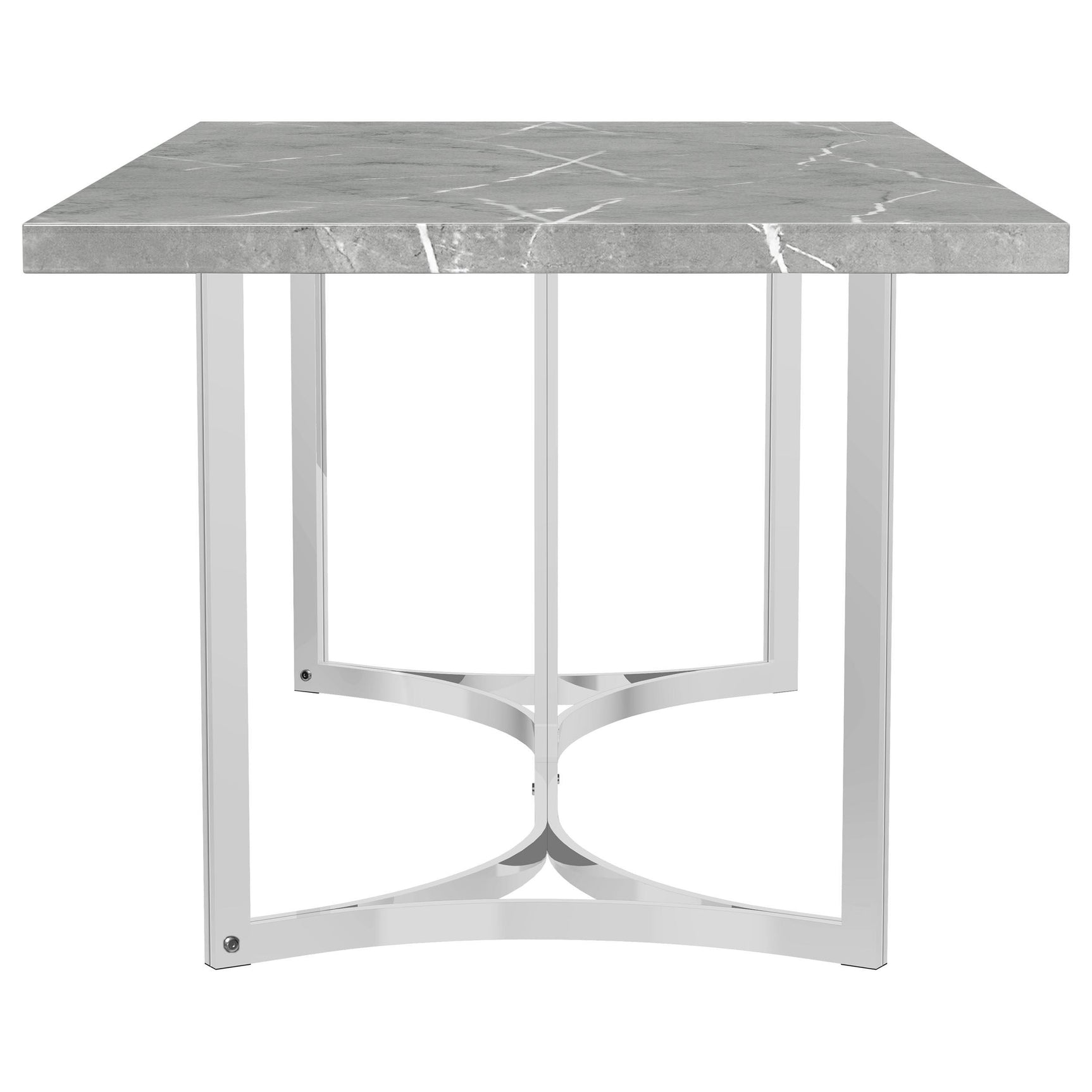 Angle showing steel base with chrome finish on Sterling dining table