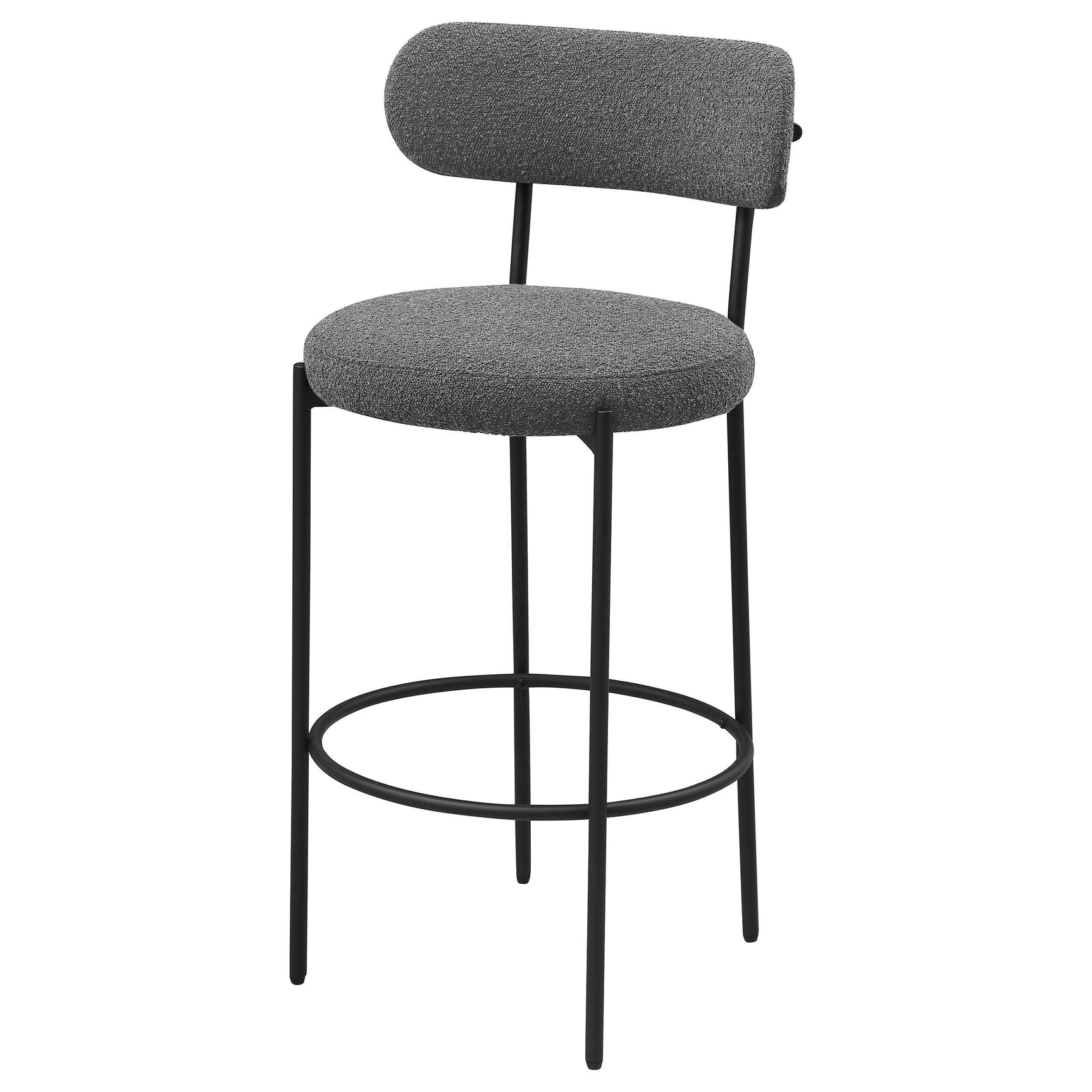 Viola grey boucle upholstered bar stool angled view