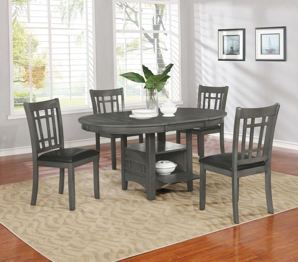 Lavon Medium Grey Oval Dining Table front view with storage base