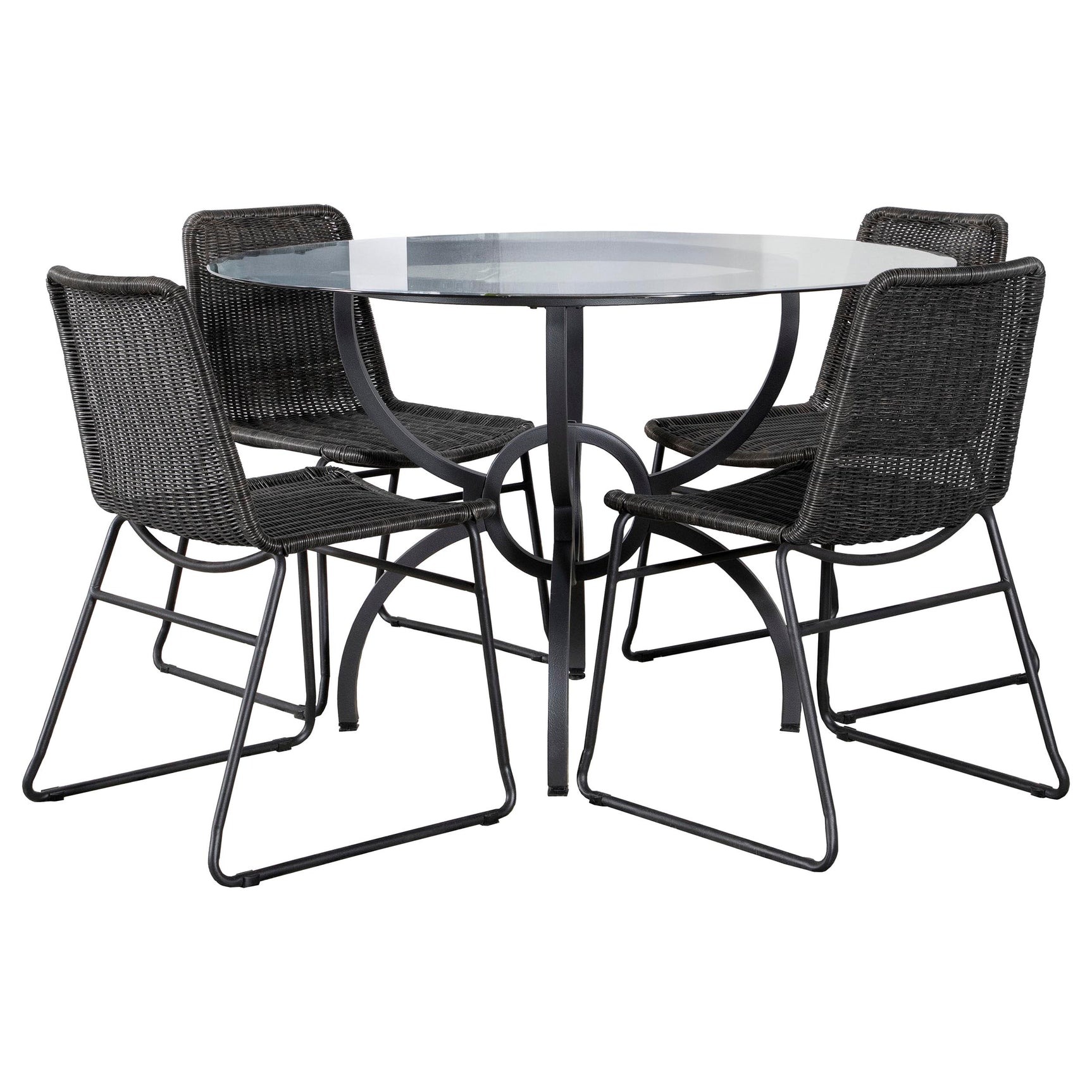 Dining room scene with Aviano Gunmetal round glass top dining set