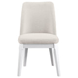 Close-up of beige fabric upholstery on Carissa chair
