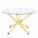 Contoured brass finish metal base of Beckham round dining table