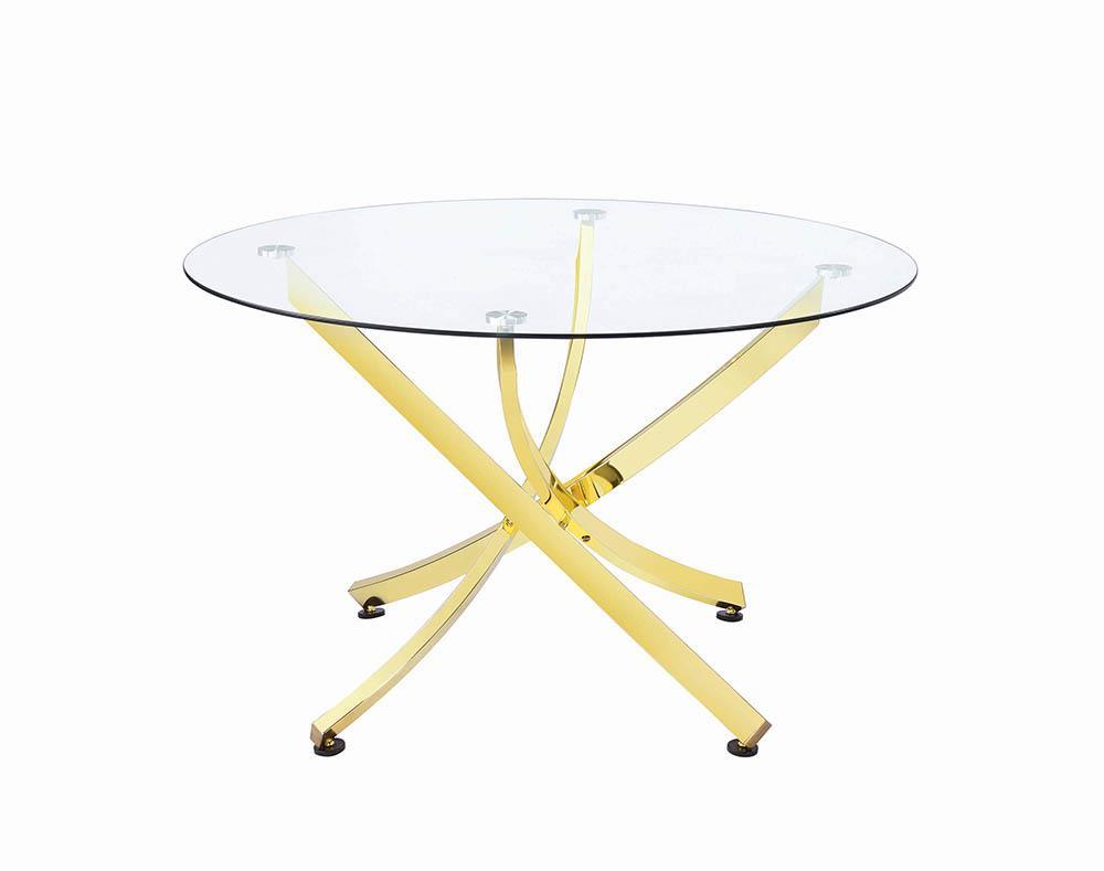 Beckham round dining table close-up of brass finish metal frame and glass top