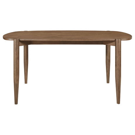 Room angle showing walnut finish and chairs