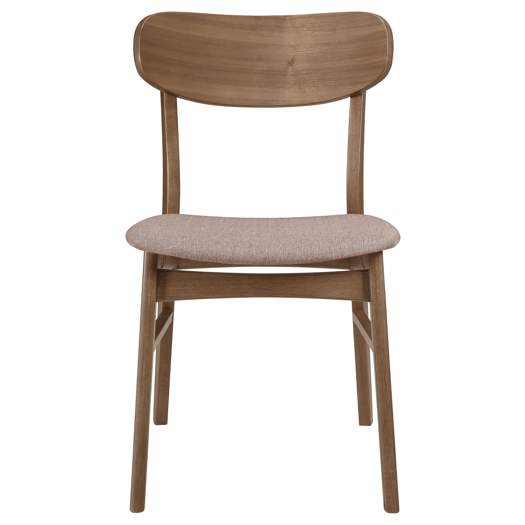 Front view of walnut oval dining table and chairs