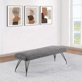 Dodson bench side view highlighting piped trim on grey upholstery