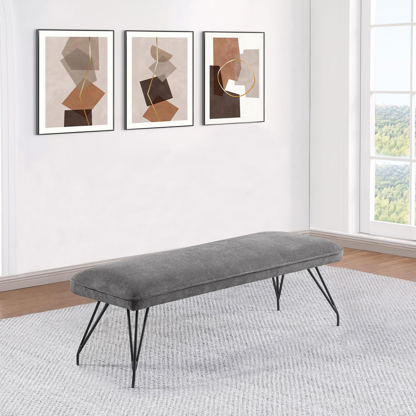 Dodson bench side view highlighting piped trim on grey upholstery