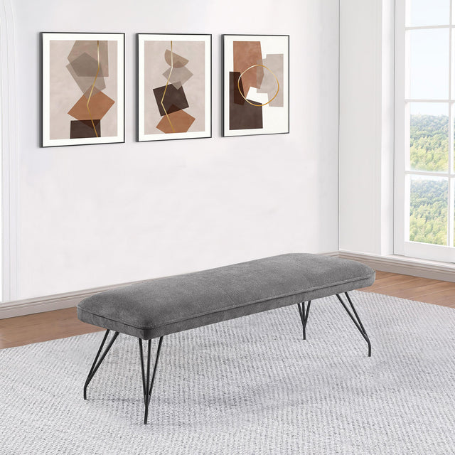 Dodson bench side view highlighting piped trim on grey upholstery