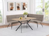 Dodson dining bench side angle showing tufted back and metal legs