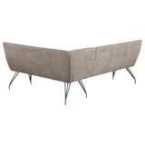 Close-up of black metal hairpin legs on Dodson dining bench