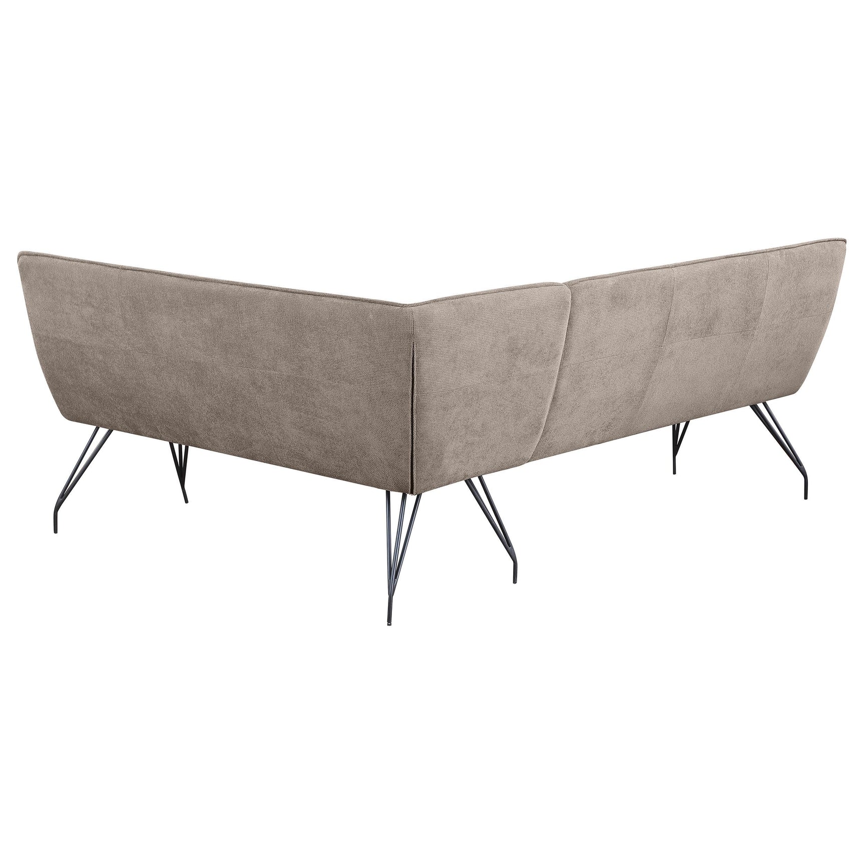 Close-up of black metal hairpin legs on Dodson dining bench