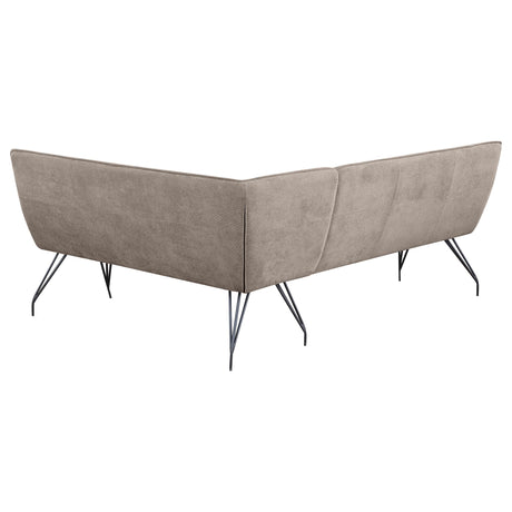 Close-up of black metal hairpin legs on Dodson dining bench