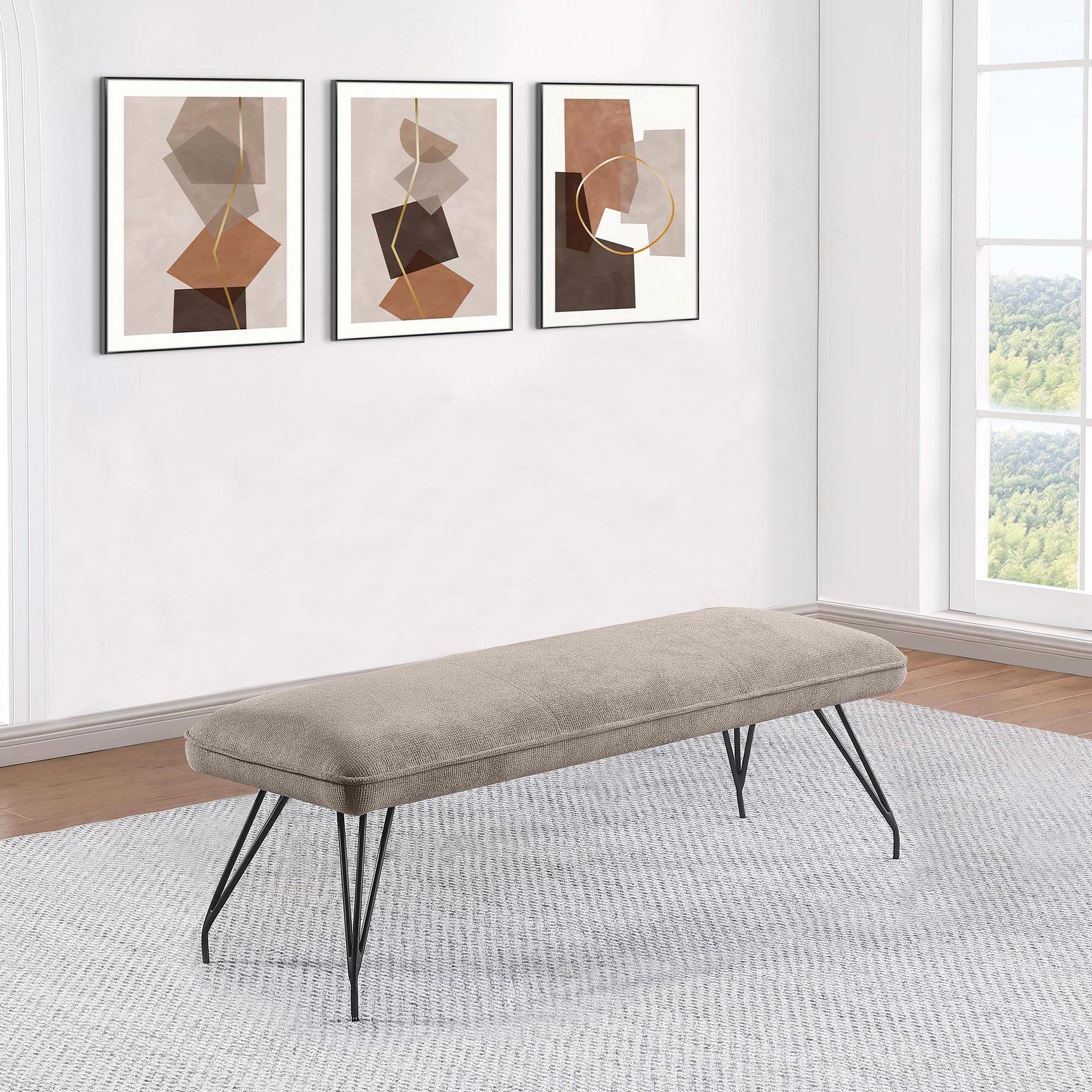 Dodson taupe fabric dining bench showing side profile