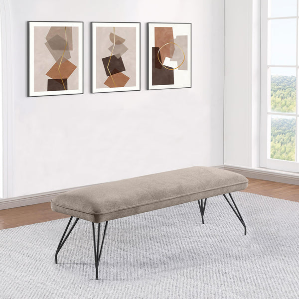 Dodson taupe fabric dining bench showing side profile