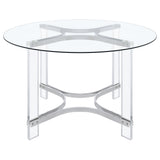 Dining room view of Keeling Chrome Round Glass Top Dining Set with 4 acrylic chairs