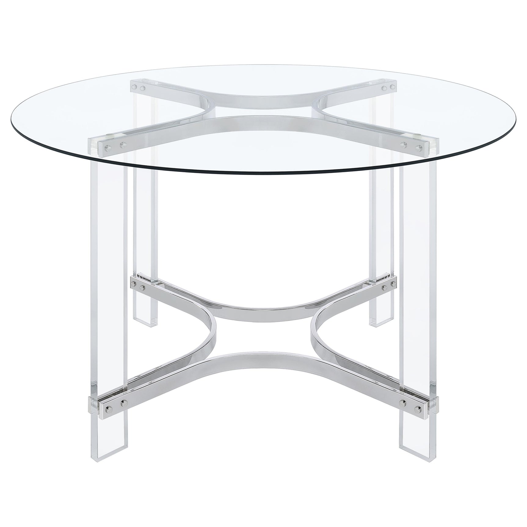 Dining room view of Keeling Chrome Round Glass Top Dining Set with 4 acrylic chairs