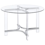Close-up detail of chrome frame and glass top on Keeling dining table