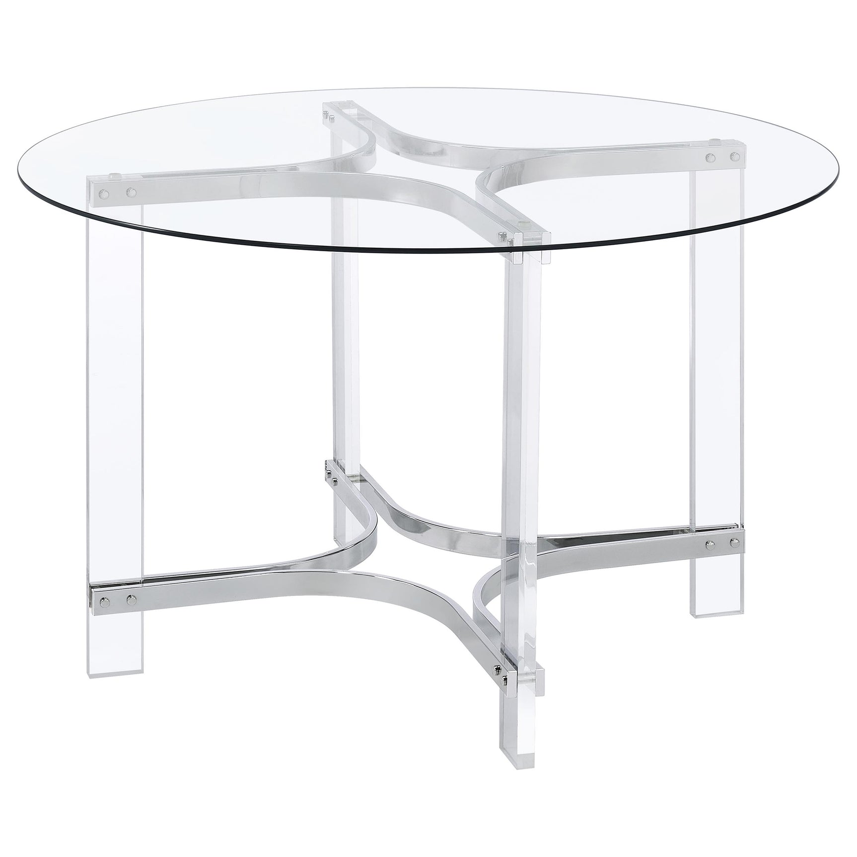 Close-up detail of chrome frame and glass top on Keeling dining table