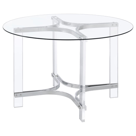 Close-up detail of chrome frame and glass top on Keeling dining table