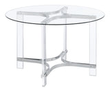 Room setting of Keeling round glass top dining set with chrome and acrylic