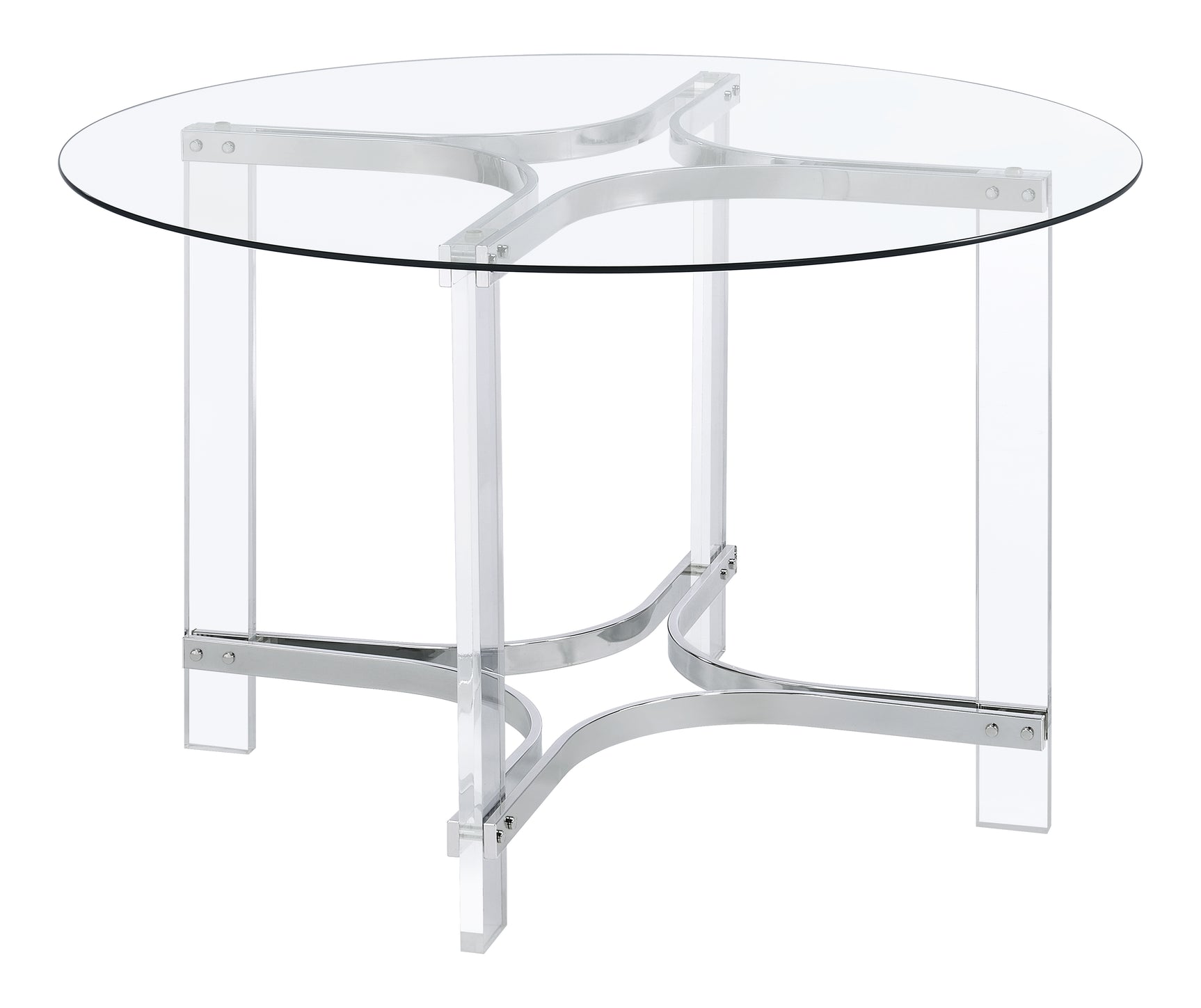 Room setting of Keeling round glass top dining set with chrome and acrylic