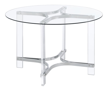 Room setting of Keeling round glass top dining set with chrome and acrylic